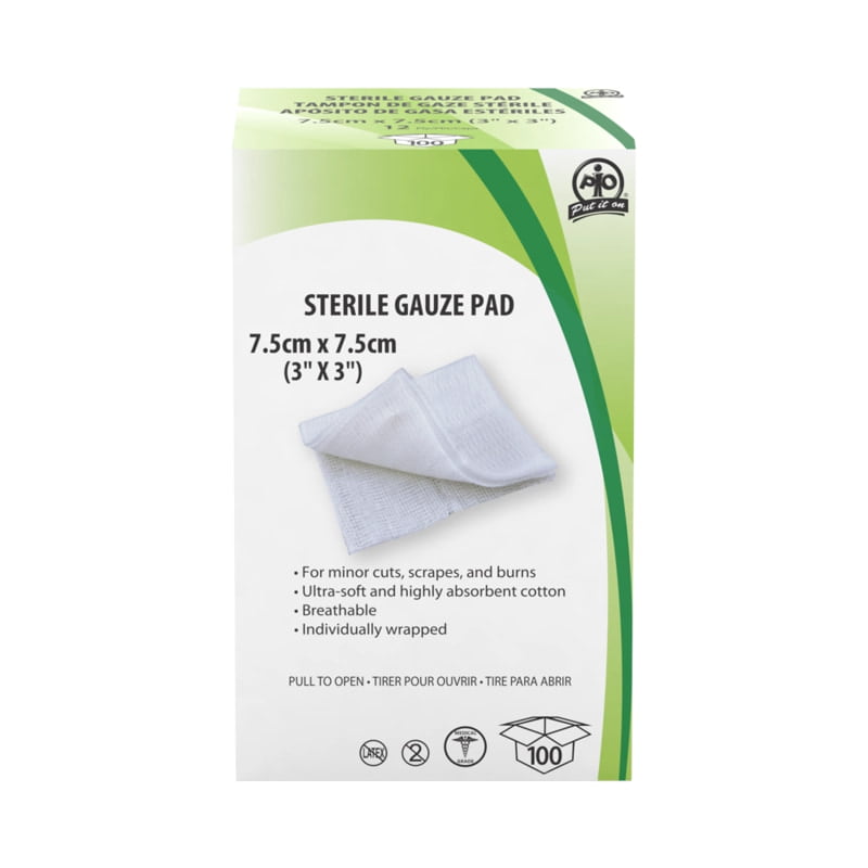 Compresses de gaze, stériles, emballées individuellement-7.6 cm x 7.6 cm (3 po x 3 po) - Boite de 100 unités