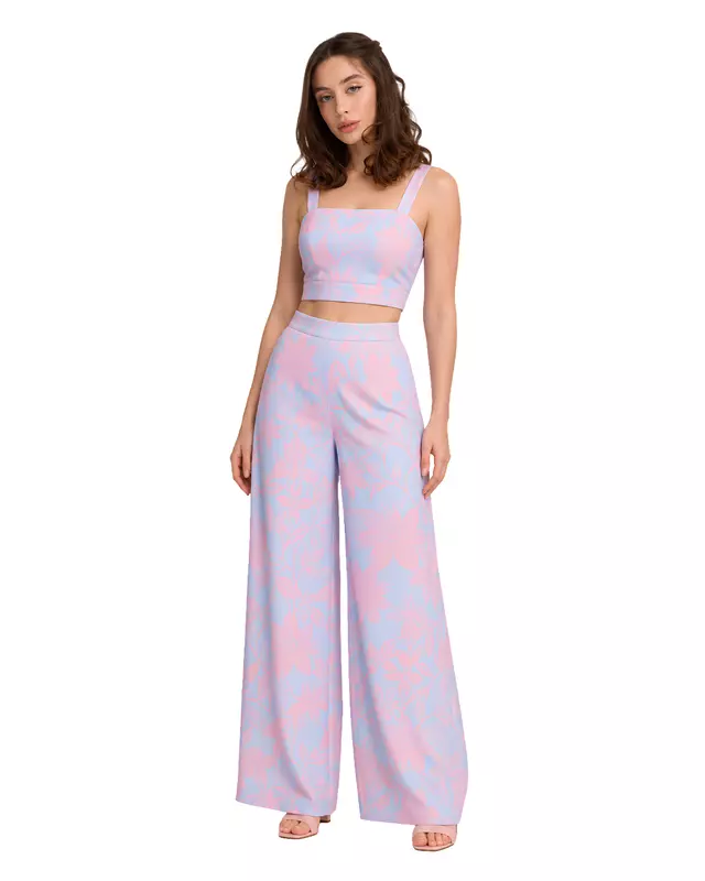 Women's Floral Print Crop Top & Wide-Leg Pants Co-Ord Set