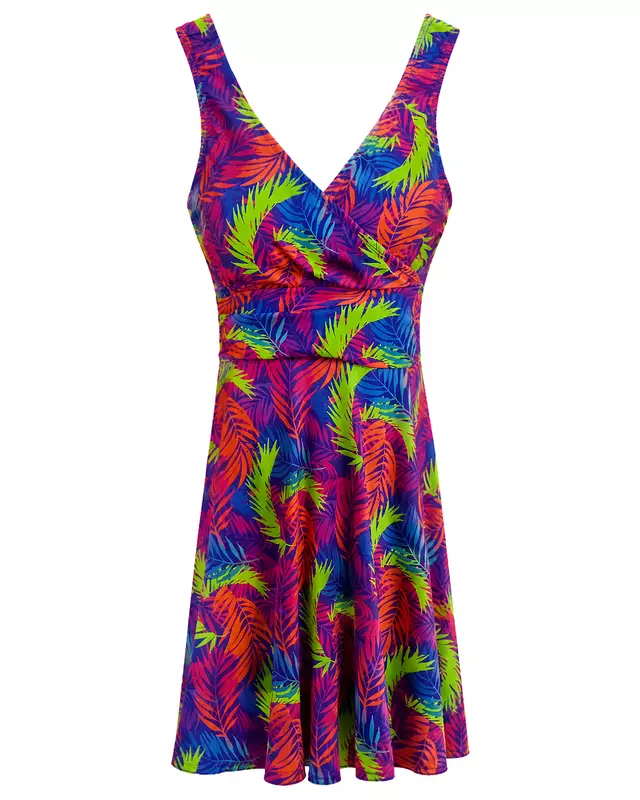 Women's Tropical Leaf Print V-Neck Swim Dress