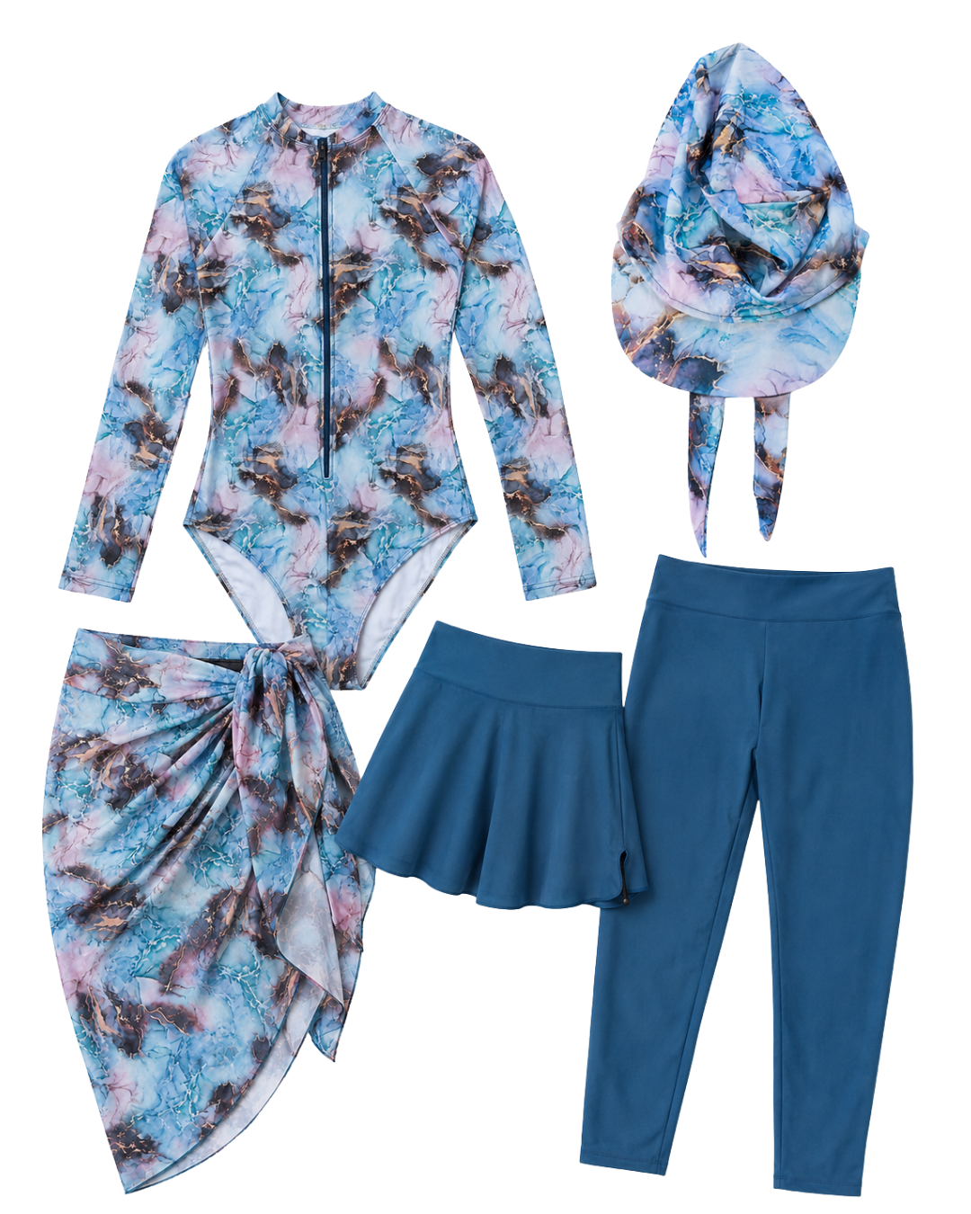 Marble Print 5-Piece Modest Swimwear Set – Blue -طقم مايوه محتشم 5 قطع بطبعة ماربل – أزرق