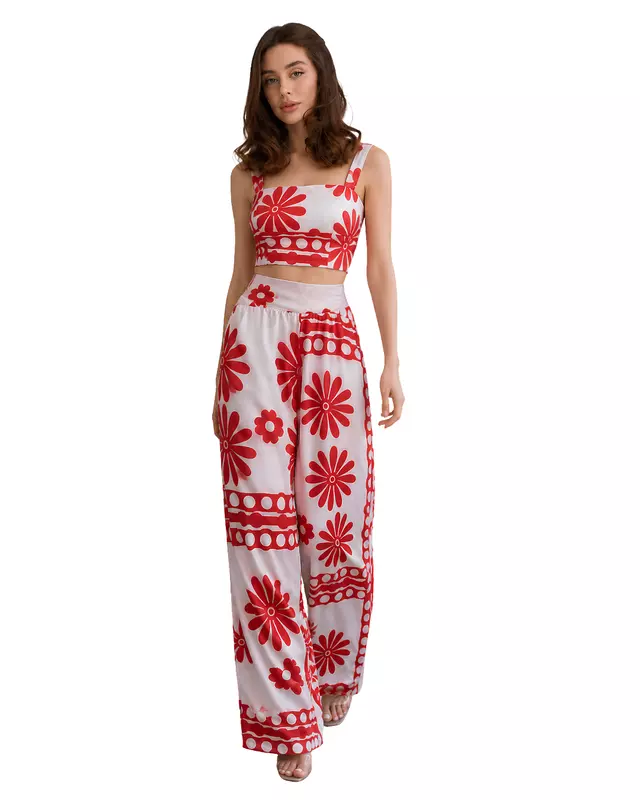 Women's Floral Print Crop Top & Wide-Leg Pants Co-Ord Set