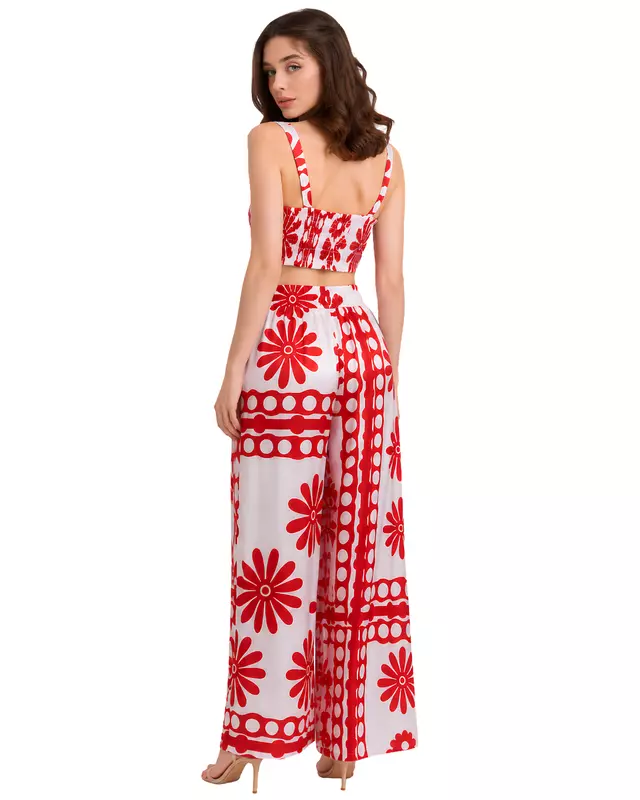 Women's Floral Print Crop Top & Wide-Leg Pants Co-Ord Set