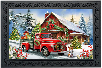 Country Christmas Doormat – Vintage Red Truck & Barn