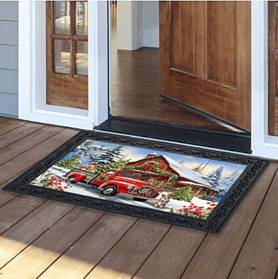 Country Christmas Doormat – Vintage Red Truck & Barn