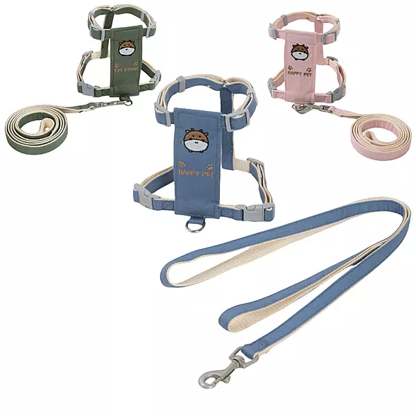 Cartoon Embroidered Pet Harness & Leash Set – Adjustable Chest Strap