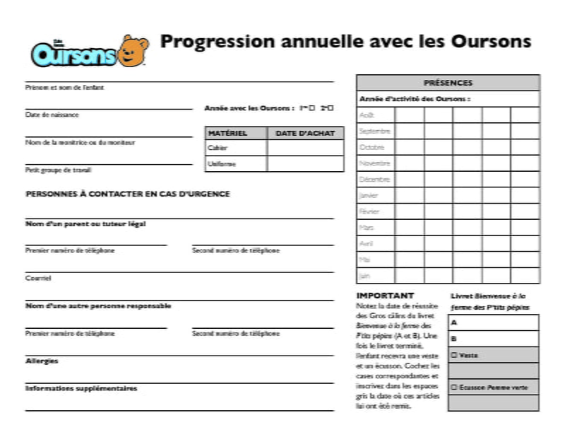Fiche de progression des Oursons Fiche de progression des Oursons