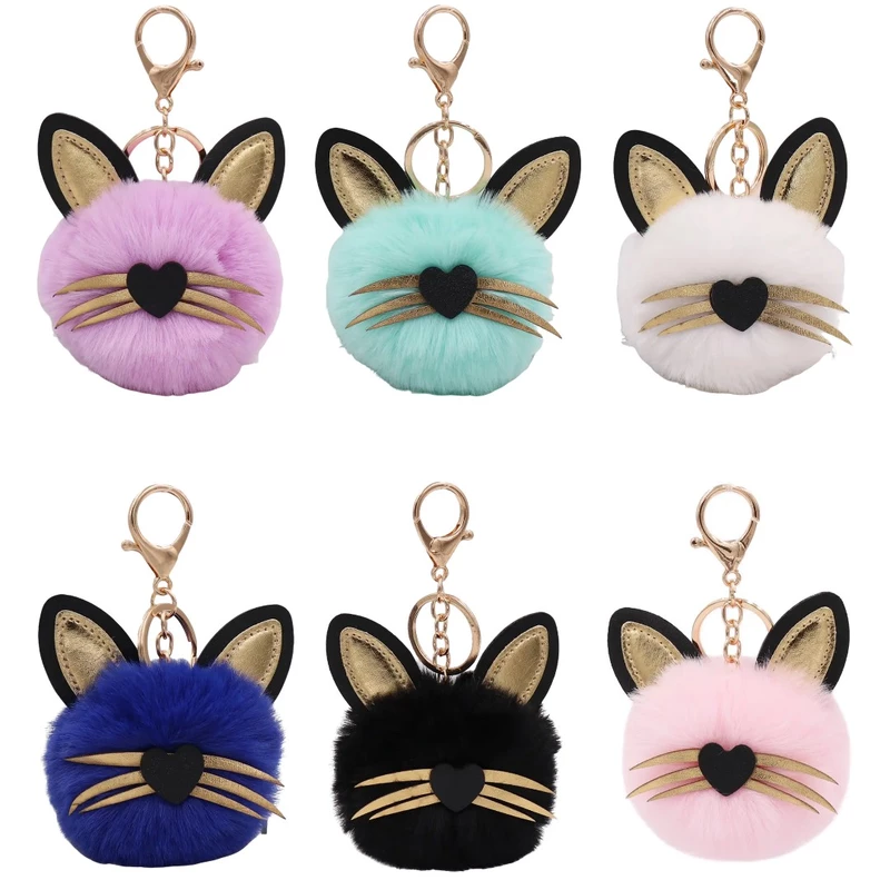 Luxury Cat Pom Pom Keychain – Faux Fur Kitty Face Bag Charm