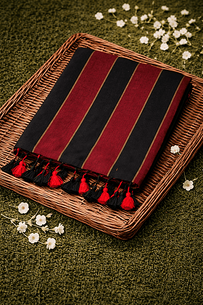 Mul Cotton Saree without Blouse - Red and Black