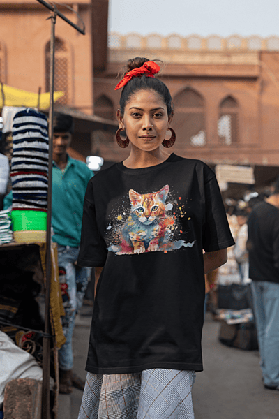 Watercolor Cat Black Softstyle T-shirt
