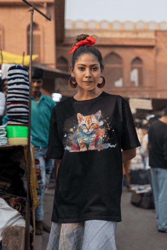 Watercolor Cat Black Softstyle T-shirt