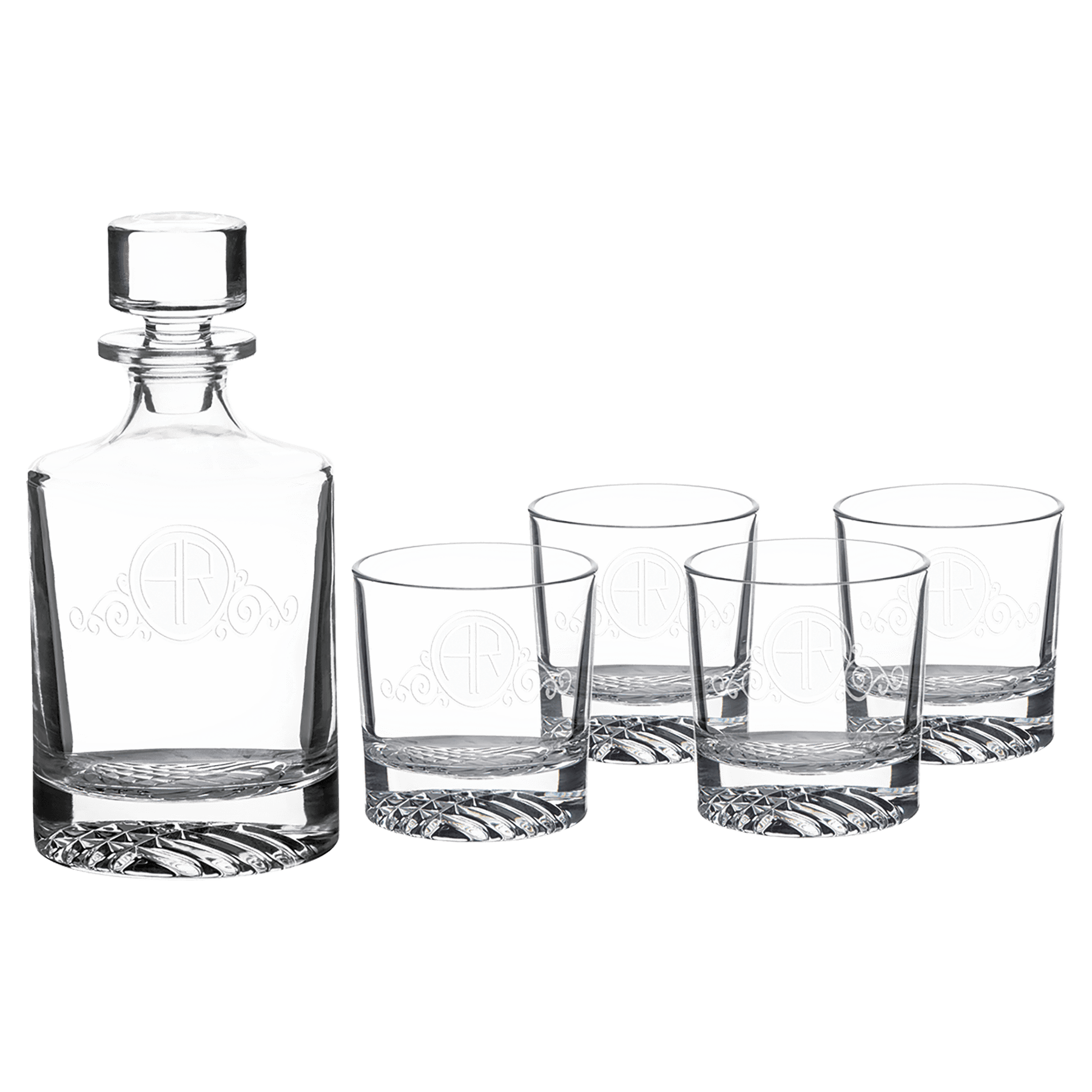 Polar Camel Round Decanter Gift Set – 850mL Glass Decanter & Four 9 oz. Rocks Glasses in Gift Box