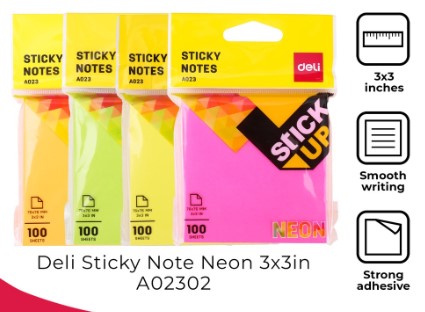 DELI A02302 STICKUP NEON NOTES 3×3 ASST Pack of 12pads