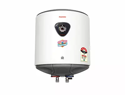 The compact Padmini Electric Water Heater Deluxe 10L mounted on a modern bathroom wall.