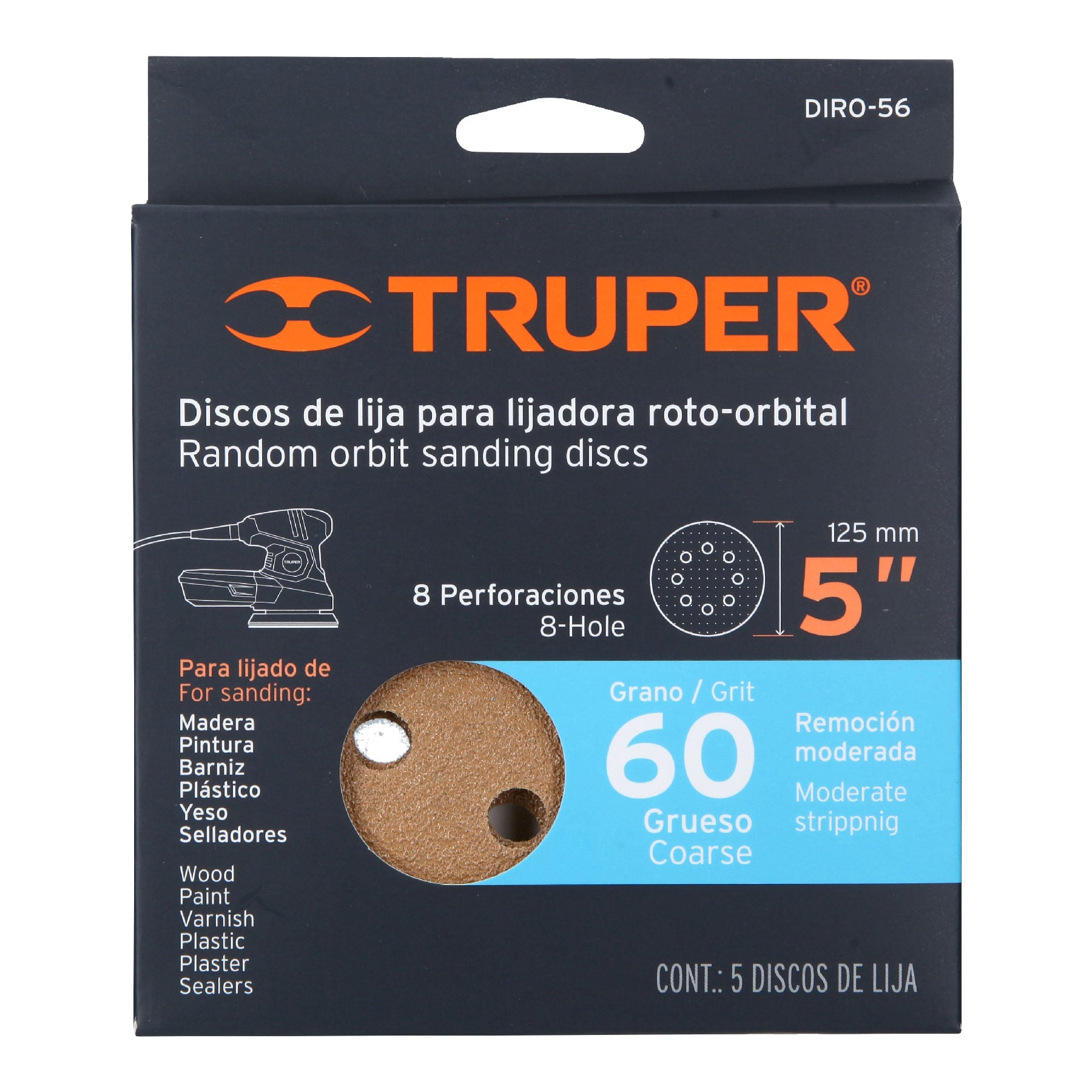 Caja con 5 discos de lija 5' grano 60 lijadora roto-orbital - DIRO-56 / 17848