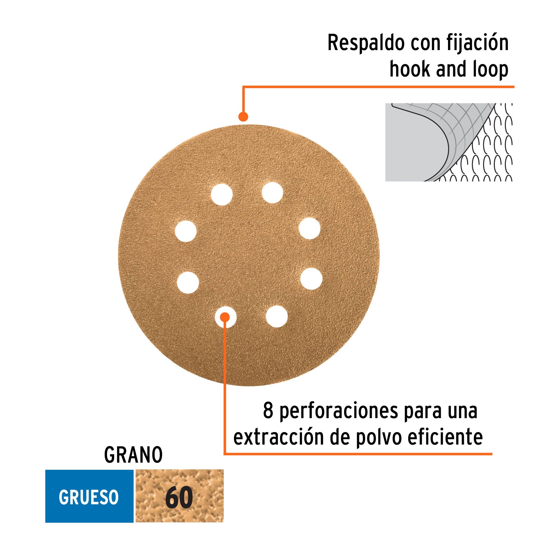 Caja con 5 discos de lija 5' grano 60 lijadora roto-orbital - DIRO-56 / 17848