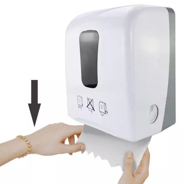 Dispensador de papel toalla en rollo con sistema de auto corte para baños institucionales