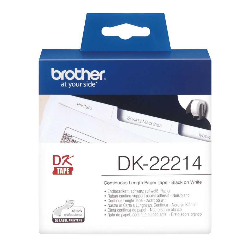 BROTHER DK ROLL 22214 12MM CONTINUES PAPER TAPE BK/WHT