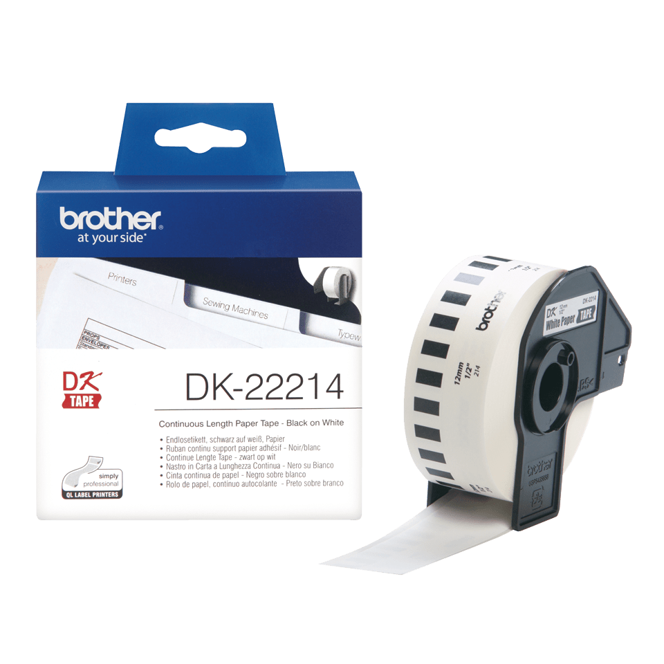 BROTHER DK ROLL 22214 12MM CONTINUES PAPER TAPE BK/WHT