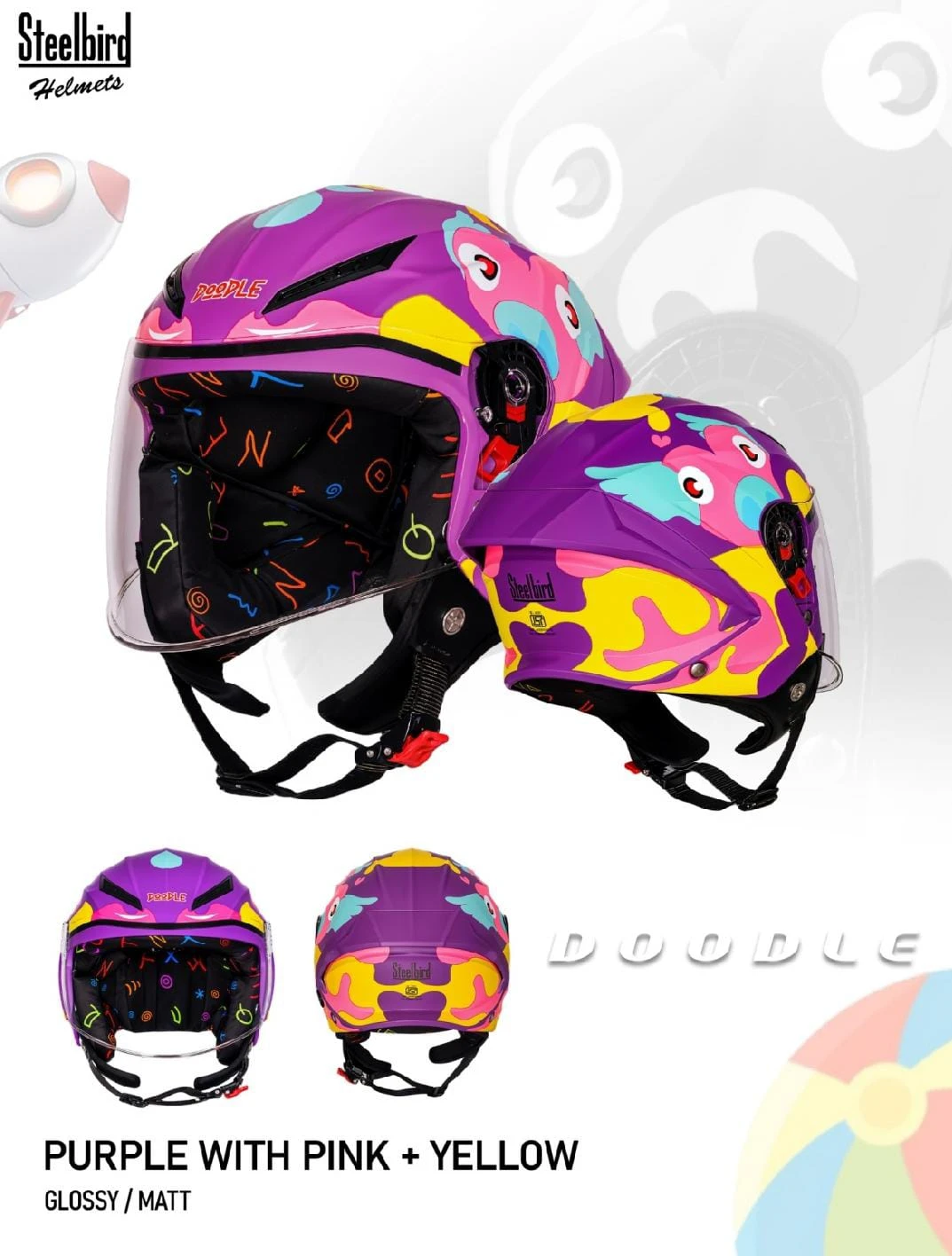 STEELBIRD SBH-77 DOODLE DS-1 GLOSSY PURPLE/PINK YELLOW C/V 560 MM STEELBIRD SBH-77 DOODLE DS-1 GLOSSY PURPLE/PINK YELLOW C/V 560 MM