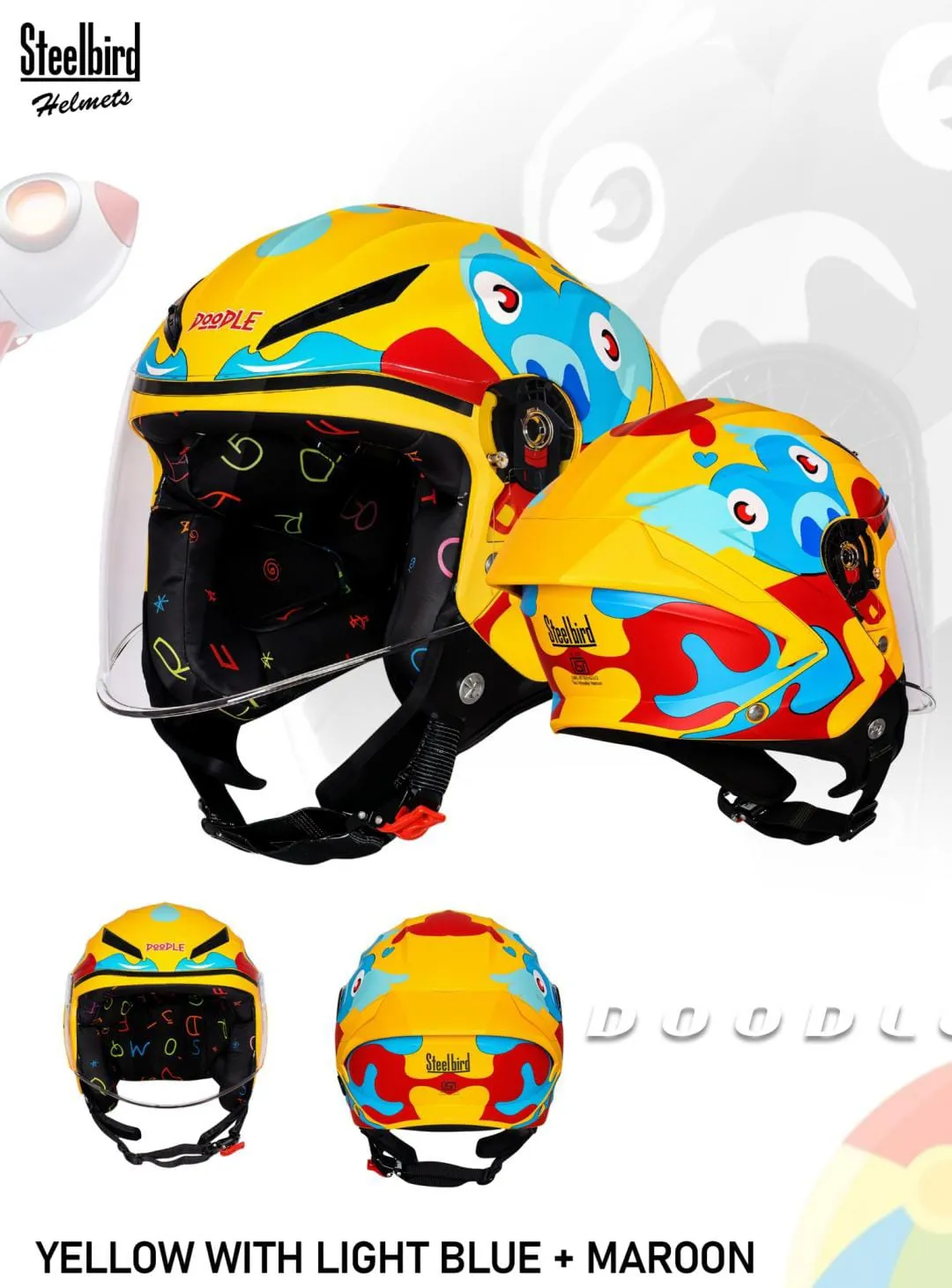 STEELBIRD SBH-77 DOODLE DS-1 GLOSSY YELLOW WITH LIGHT BLUE/MAROON C/V 540 MM STEELBIRD SBH-77 DOODLE DS-1 GLOSSY YELLOW WITH LIGHT BLUE/MAROON C/V 540 MM