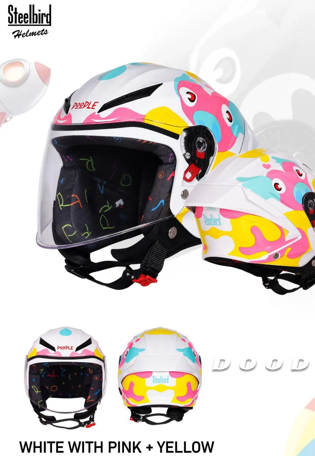 STEELBIRD SBH-77 DOODLE DS-1 GLOSSY WHITE WITH PINK /YELLOW C/V 540 MM STEELBIRD SBH-77 DOODLE DS-1 GLOSSY WHITE WITH PINK /YELLOW C/V 540 MM