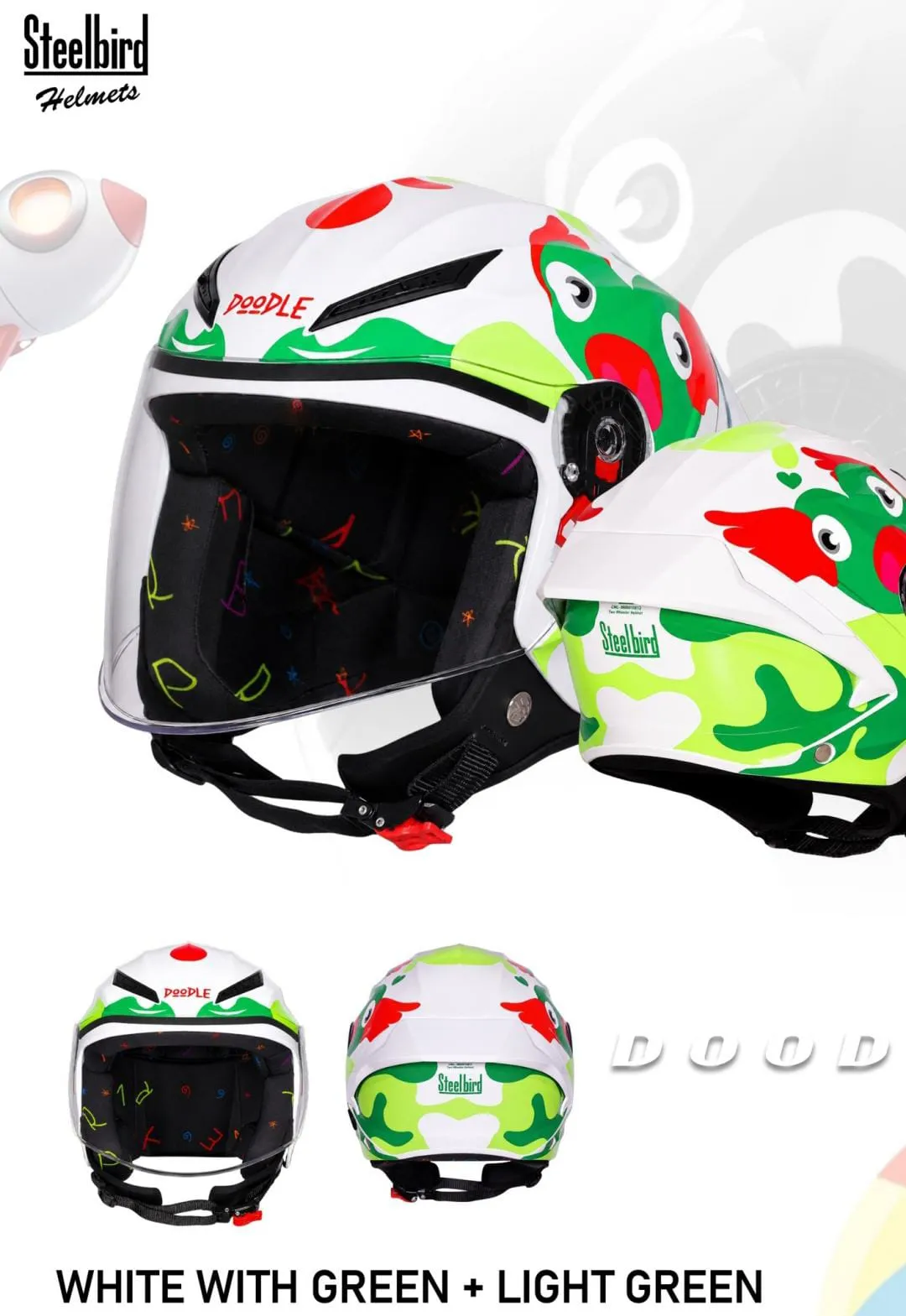 STEELBIRD SBH-77 DOODLE DS-1 GLOSSY WHITE WITH GREEN/LIGHT GREEN C/V 560 MM STEELBIRD SBH-77 DOODLE DS-1 GLOSSY WHITE WITH GREEN/LIGHT GREEN C/V 560 MM