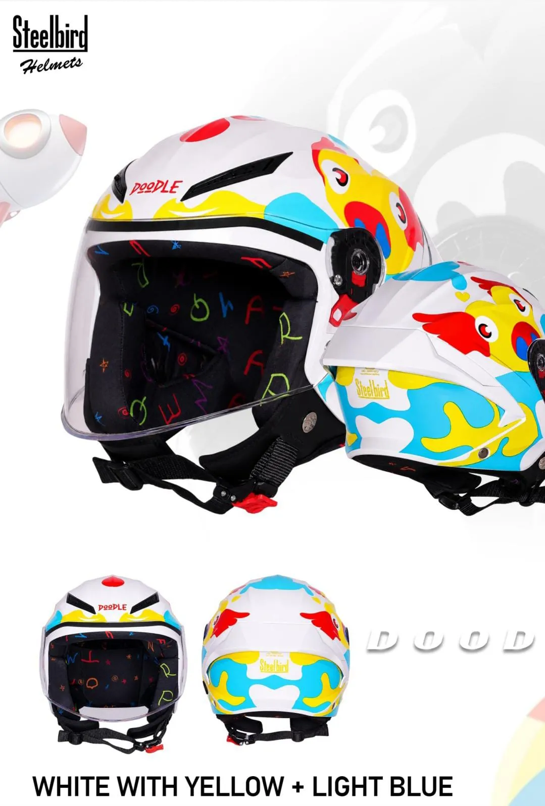 STEELBIRD SBH-77 DOODLE DS-1 GLOSSY WHITE WITH YELLOW/LIGHT BLUE C/V 560 MM STEELBIRD SBH-77 DOODLE DS-1 GLOSSY WHITE WITH YELLOW/LIGHT BLUE C/V 560 MM