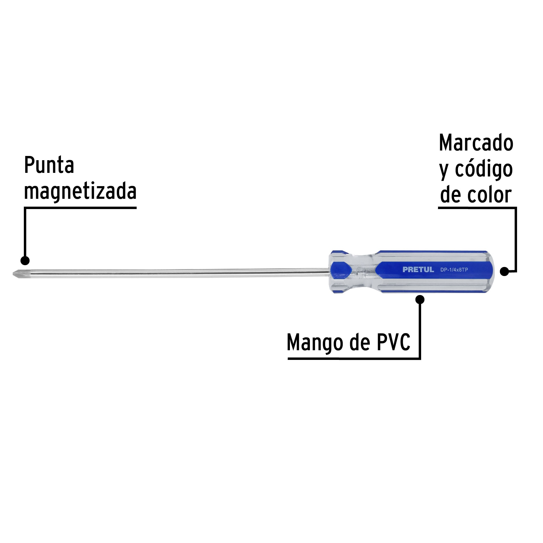 Desarmador punta Phillips, 1/4 x 8', mango PVC, Pretul - DP-1/4X8TP / 21475