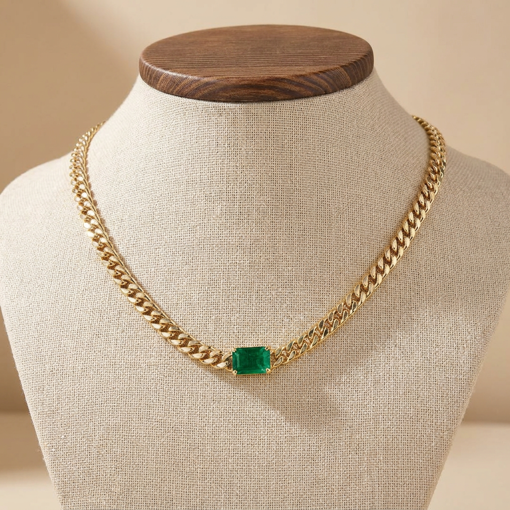 Collar grueso de oro con una esmeralda grande