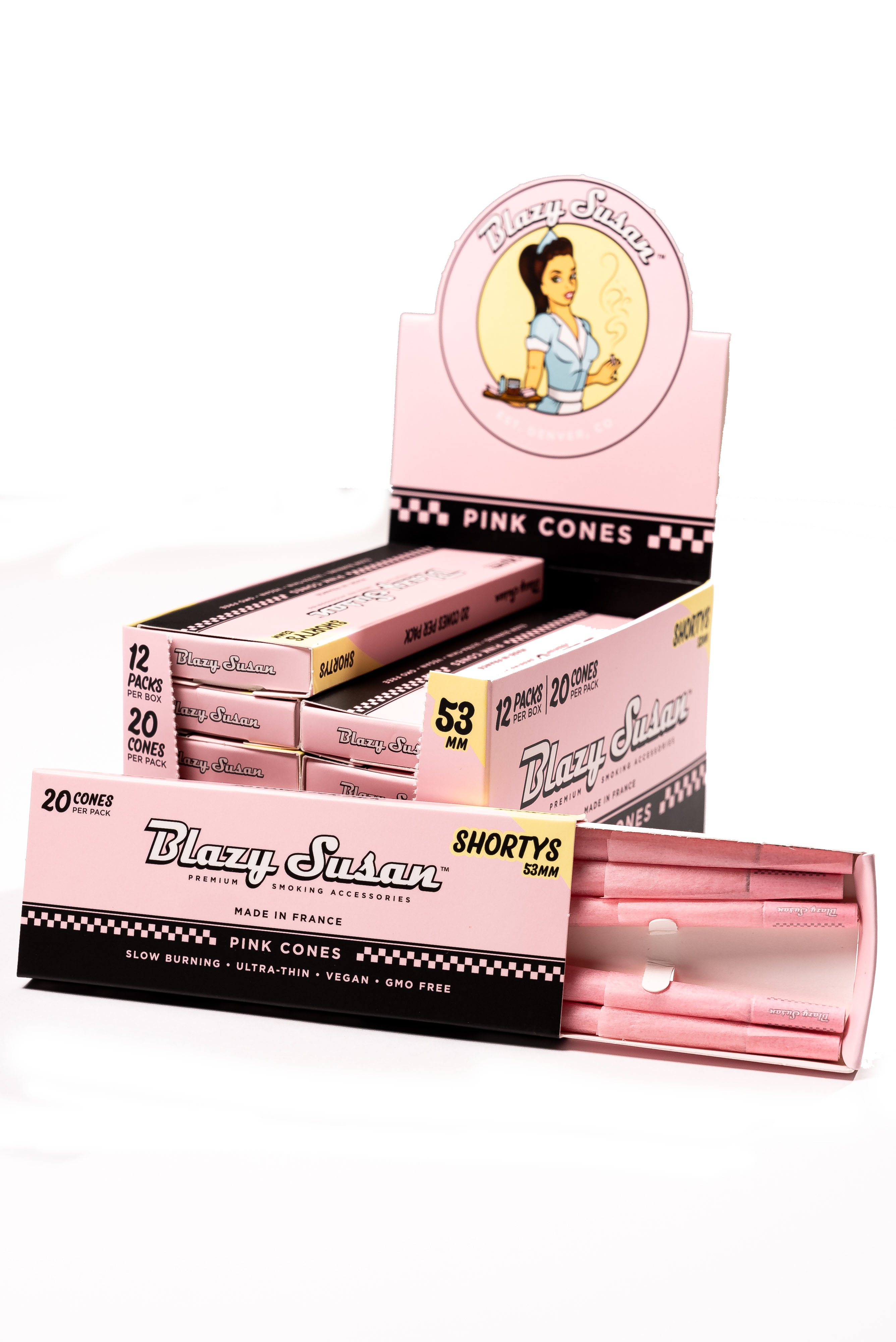 Blazy Susan® - Pink Pre-Roll Cones 53mm Shortys (20ct) - Display of 12