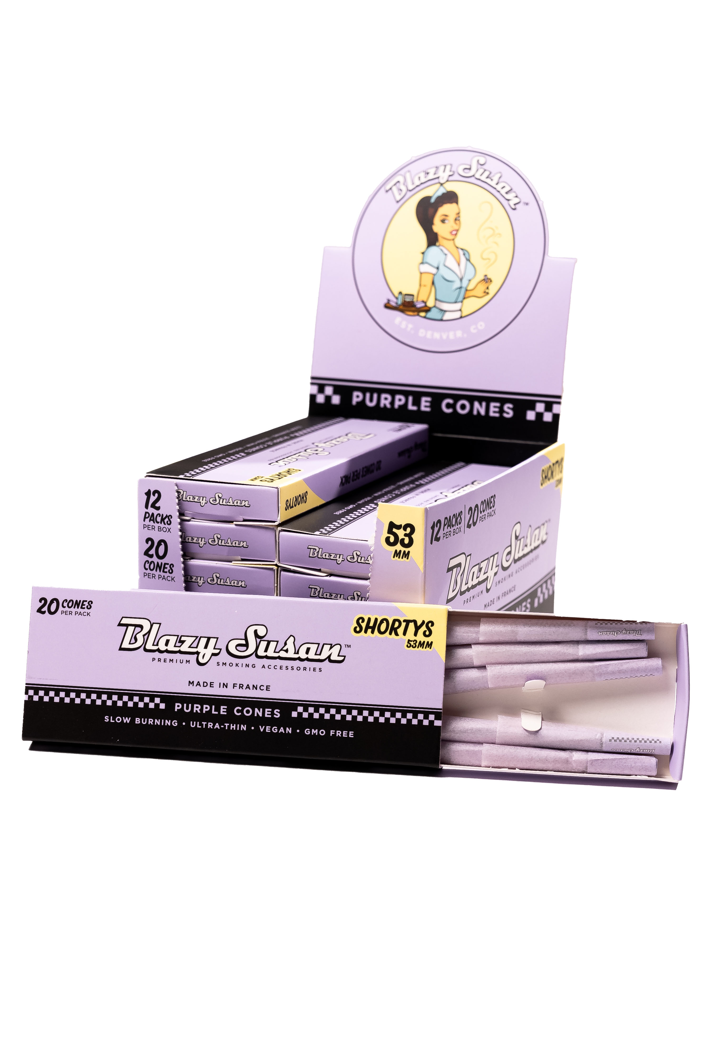 Blazy Susan® - Purple Pre-Roll Cones 53mm Shortys (20ct) - Display of 12