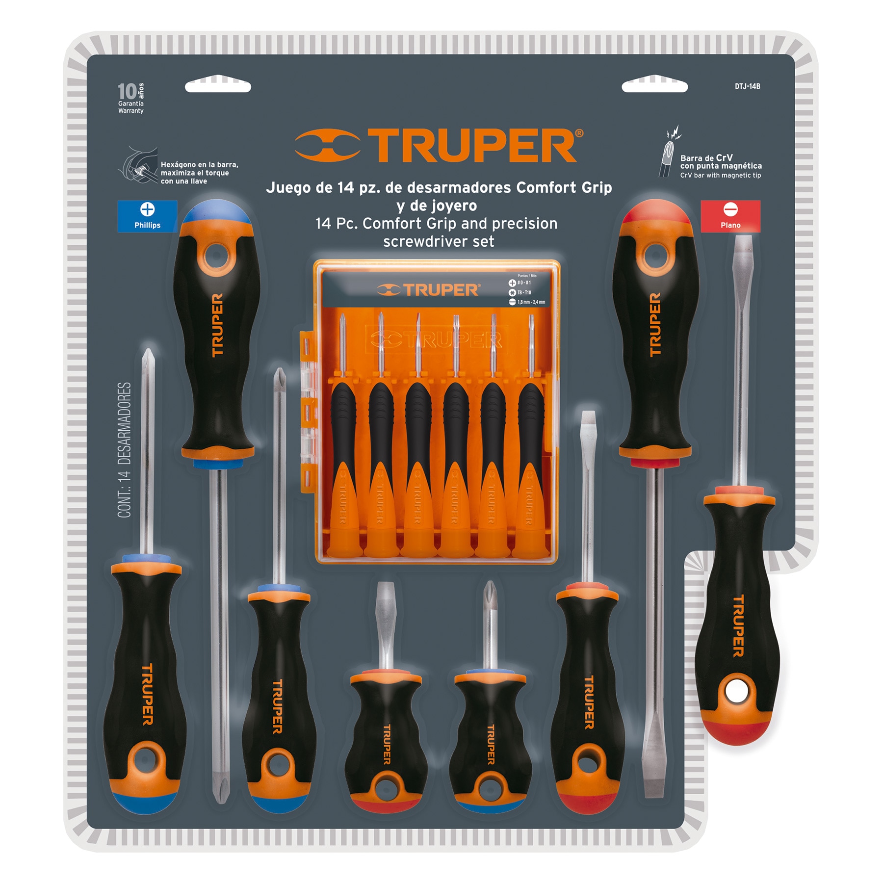 Juego de desarmadores, mango comfort grip, 14 piezas, bliste - DTJ-14B / 14197