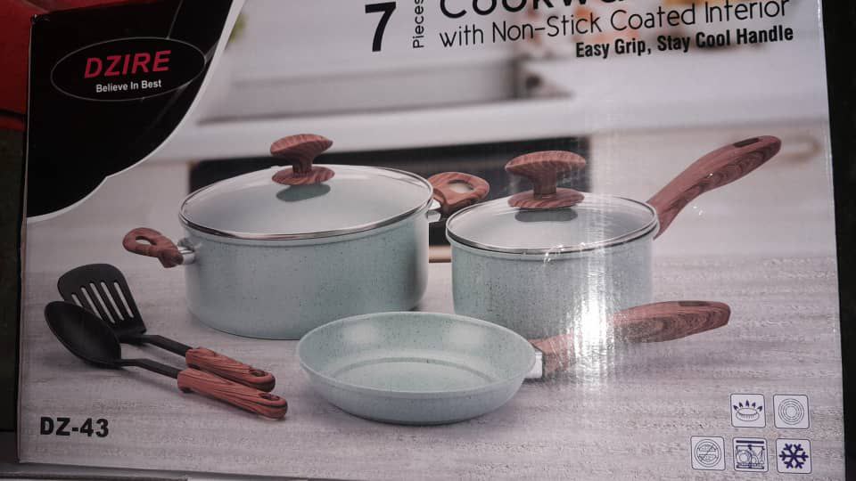 DZIRE (43) NON- STICK POTS 5 SET 2 SPOON- 1 FRYING PAN 2 POT