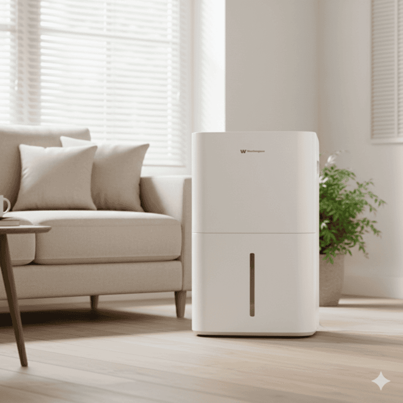 White Westinghouse AWHD123L 12L portable dehumidifier in a modern living room.