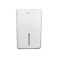 Front view of a sleek White Westinghouse 12-liter home dehumidifier machine. Front view of a sleek White Westinghouse 12-liter home dehumidifier machine.