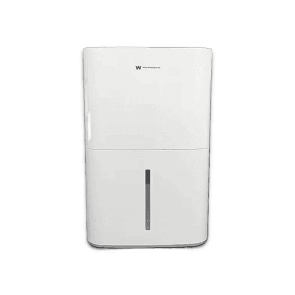 Front view of a sleek White Westinghouse 12-liter home dehumidifier machine.