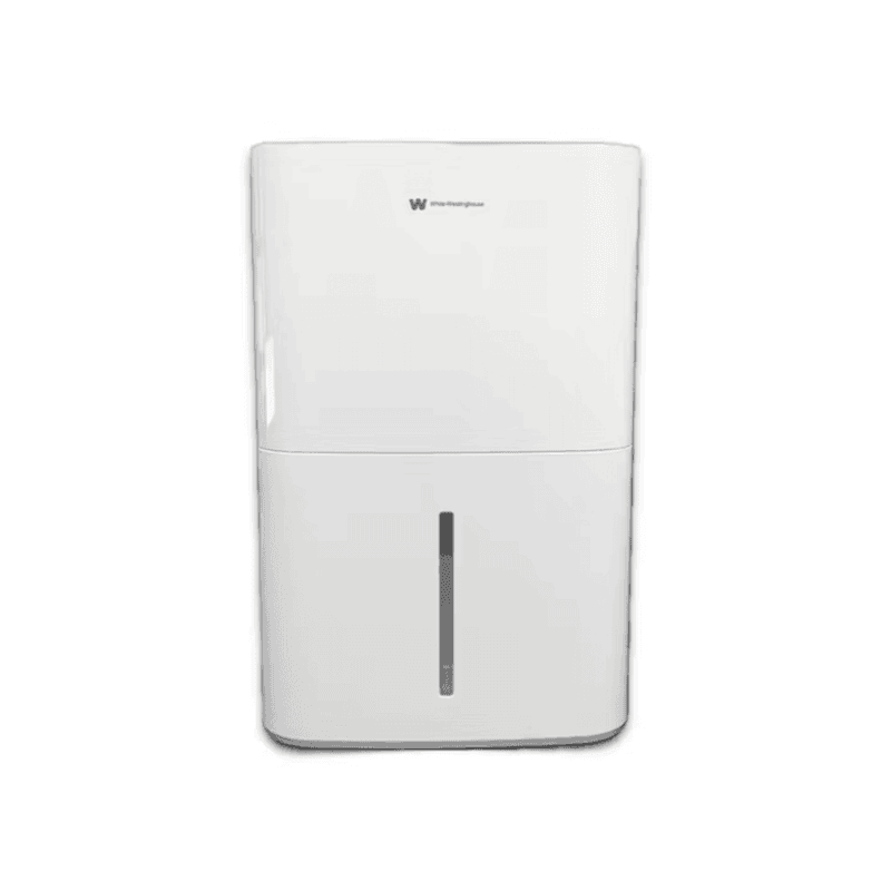 Front view of a sleek White Westinghouse 12-liter home dehumidifier machine.