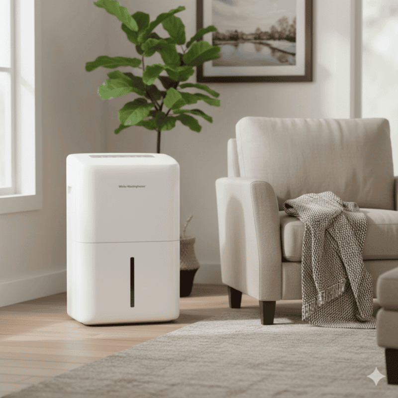 White Westinghouse AWHD306L 30L dehumidifier standing against a neutral wall background.