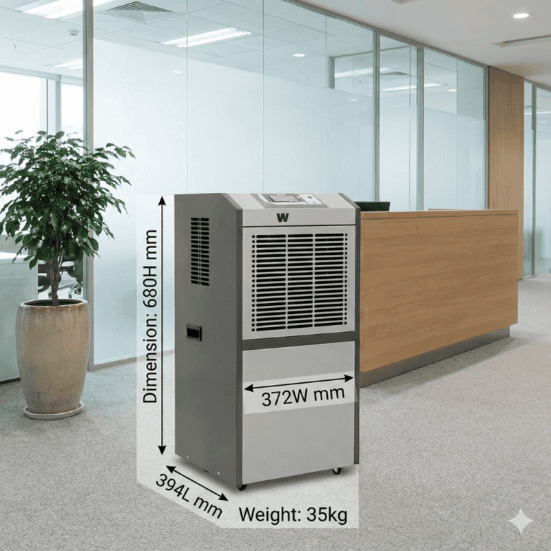Compact White Westinghouse WDE 603T dehumidifier placed on a floor.