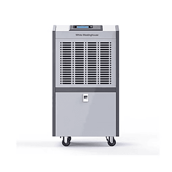 Front view of a White Westinghouse WDE603P 60L heavy-duty industrial dehumidifier machine.