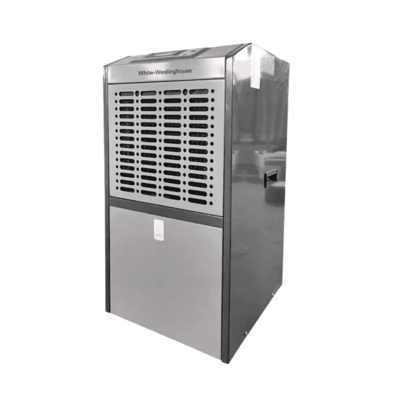 Portable White Westinghouse commercial dehumidifier WDE110P with wheels and handle.