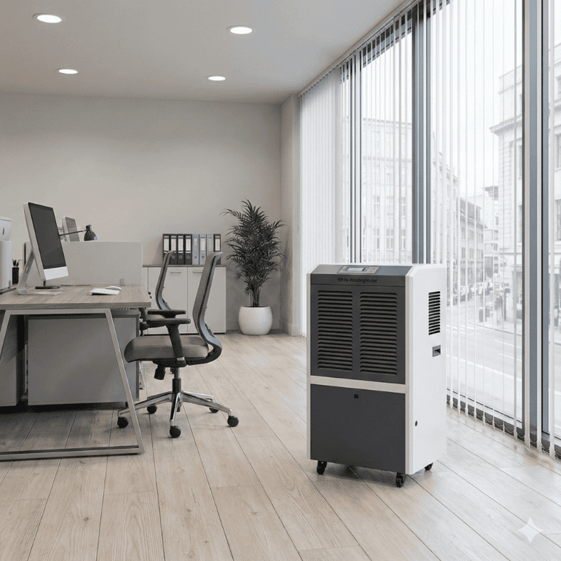 Side angle of White Westinghouse 60 liter industrial dehumidifier unit