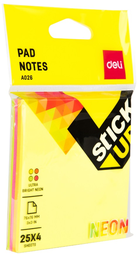 DELI A026 NEON NOTE 3x3" 4x25s VALUEPACK