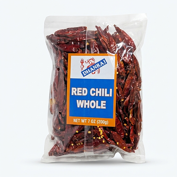 200gm Dhanraj Whole Red Chili; premium sun-dried spicy chillies for tempering and authentic curries