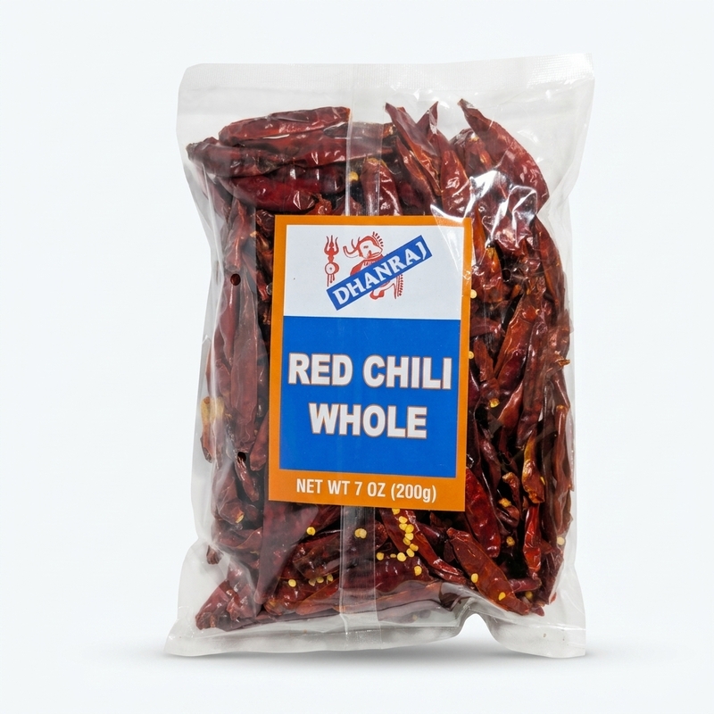 200gm Dhanraj Whole Red Chili; premium sun-dried spicy chillies for tempering and authentic curries