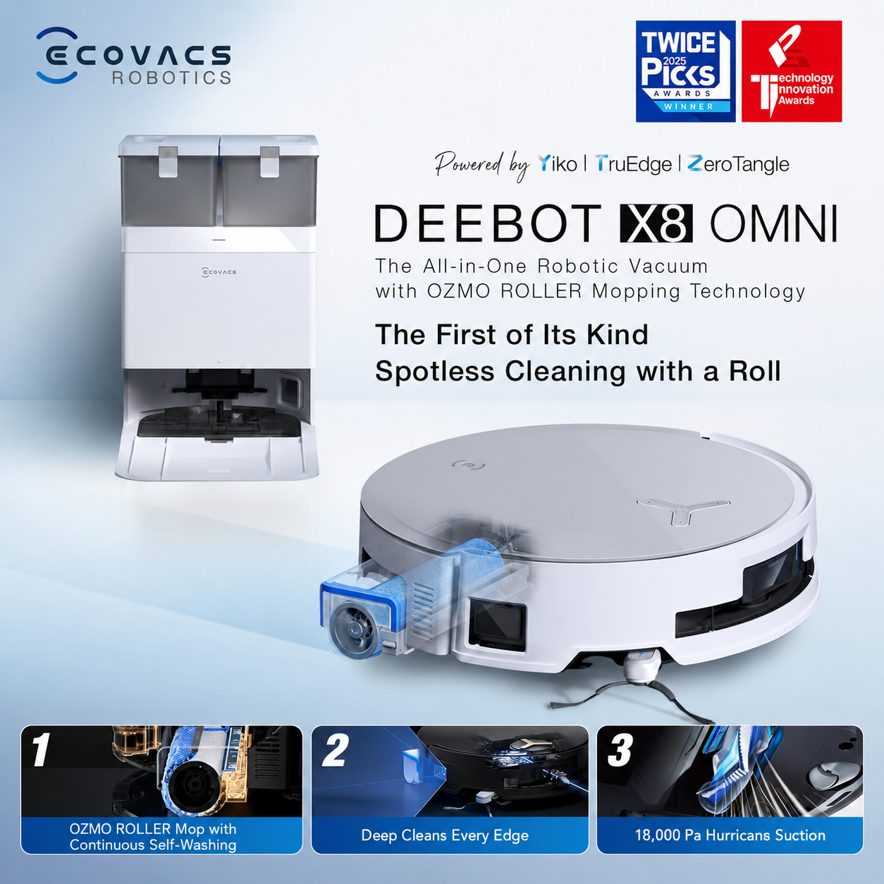 ECOVACS DEEBOT X8 OMNI - Wet Dry Vacuum Cleaner, OMNI Station, 18,000Pa