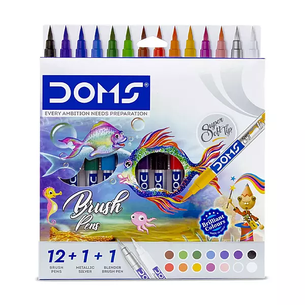 DOMS Brush Pens Set 14 Pack | 12 Colors + Metallic Silver + Blender for Calligraphy & Art