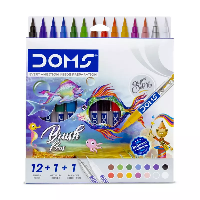 DOMS Brush Pens Set 14 Pack | 12 Colors + Metallic Silver + Blender for Calligraphy & Art