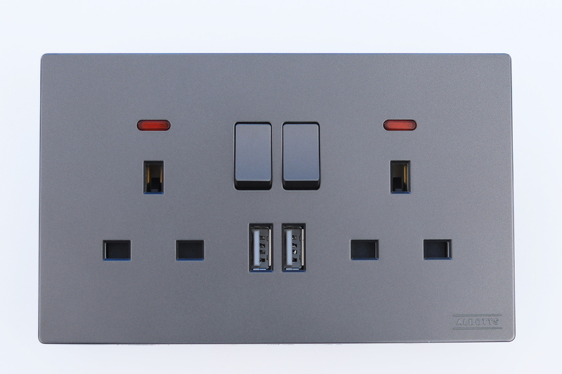 Double Flat Switch Socket With Neon Double USB Outlet -Grey