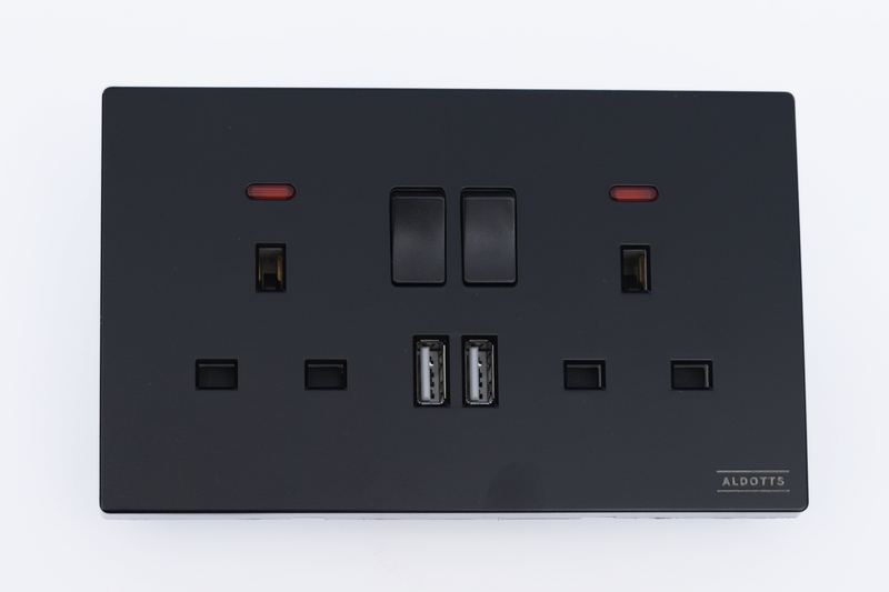 Double Flat Switch Socket With Neon Double USB Outlet - Black